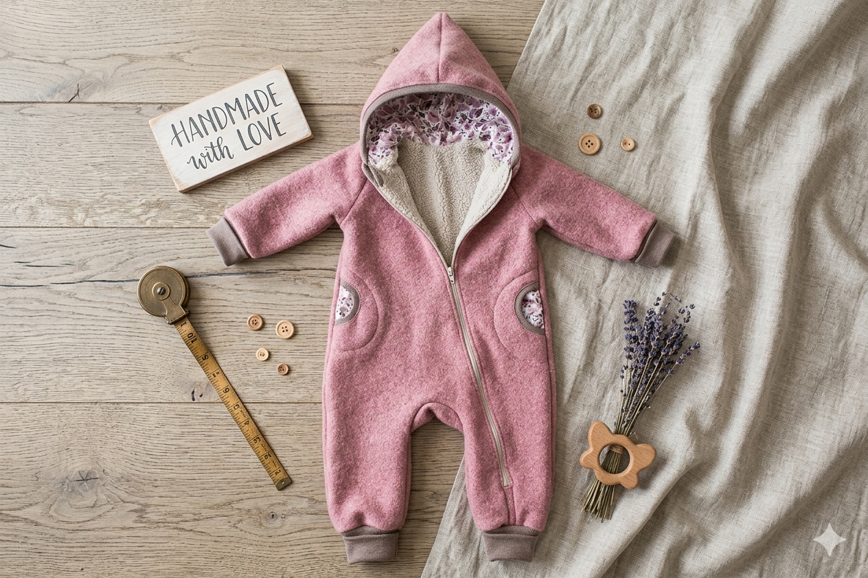 Premium Walkoverall aus 100% Schurwolle – Modell „rosa Blumen“ (Gr. 50 - 122)
