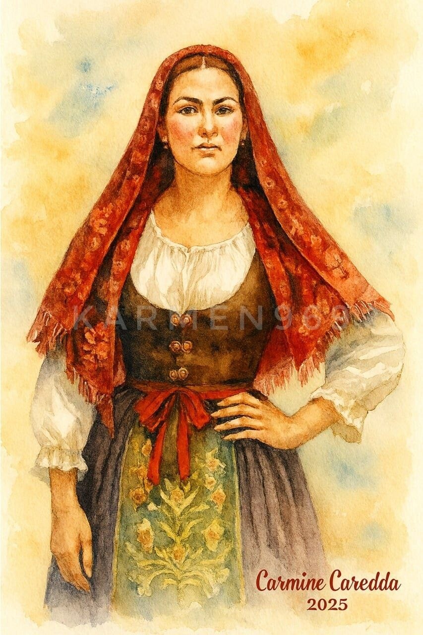 Donna Sarda con Scialle Rosso e Grembiule Ricamato
