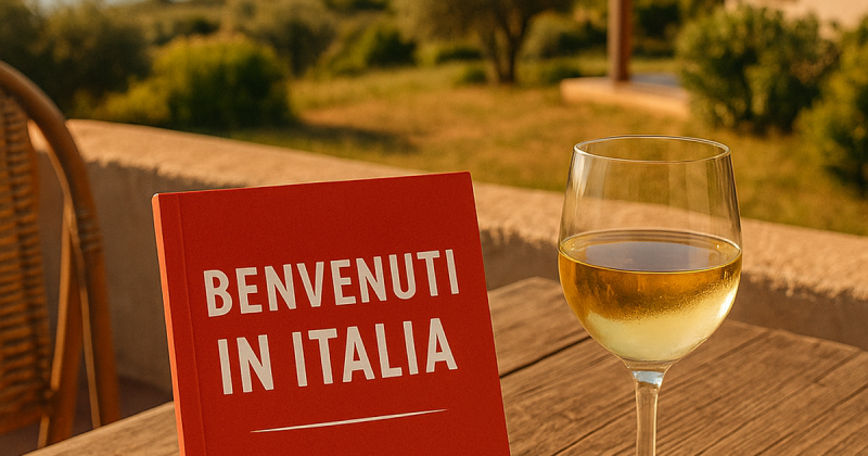 The Benvenuti in Italia booklet next to a glass of white wine on a wooden terrace table.