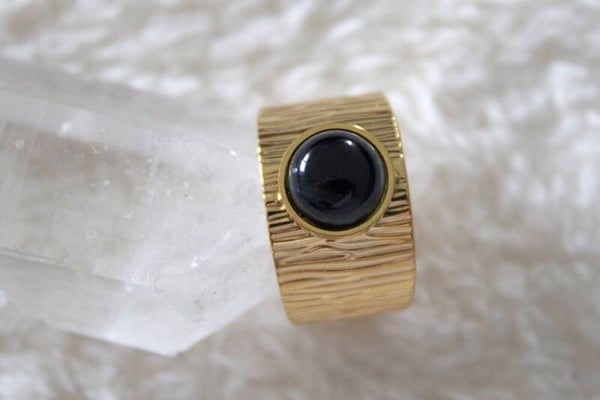 Bague acier dorée agate noire