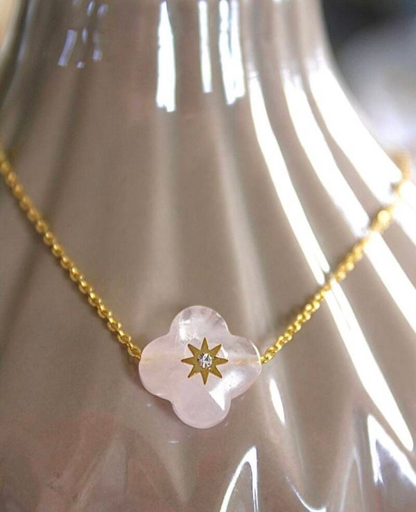 Collier trèfle quartz rose