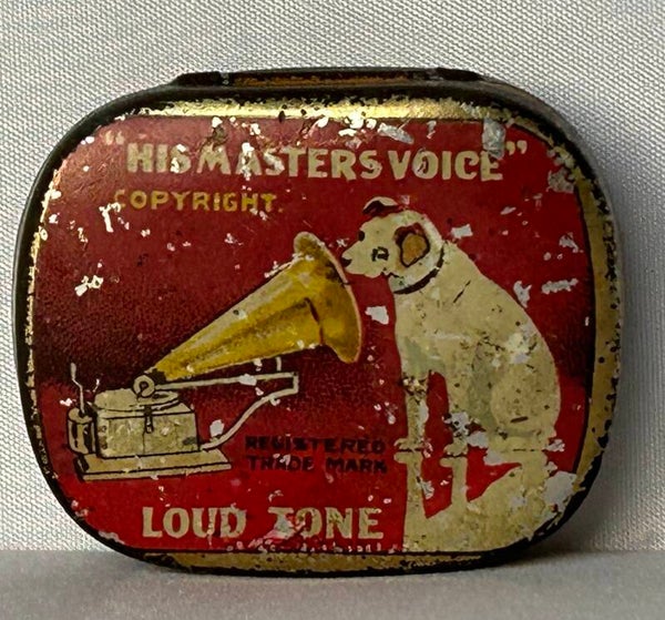 oud blikken platenspeler naaldendoosje His masters voice