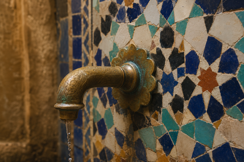 Ancien robinet marocain en laiton gravé sur un mur de zellige traditionnel de Fès