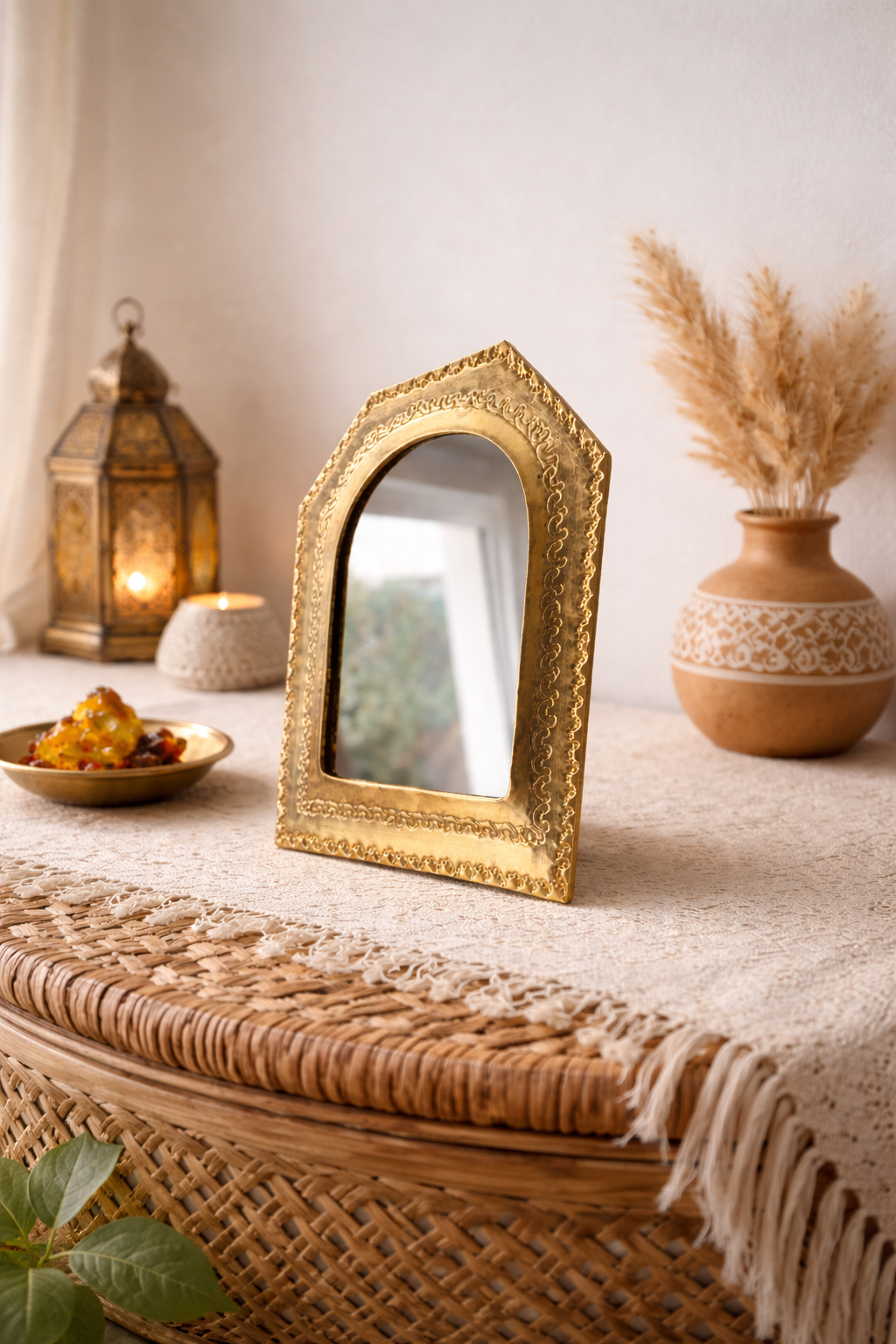 Miroir artisanal doré portable – Éclat d’Orient