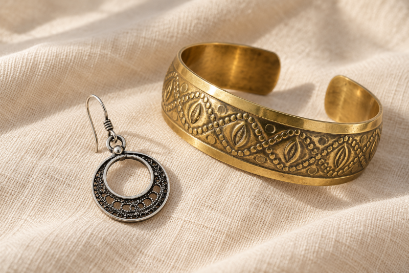 Bijoux marocains : boucle d’oreille en argent 925 et bracelet en laiton gravé sur un tissu clair.