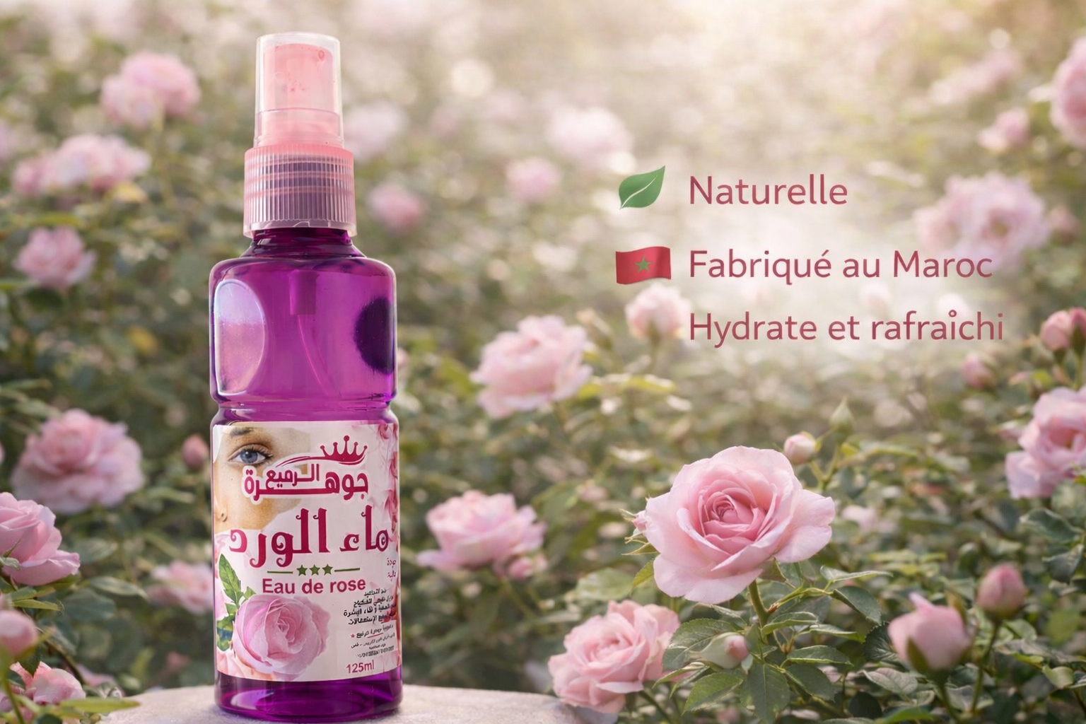Eau de rose marocaine naturelle – tonique floral artisanal du Maroc (125 ml