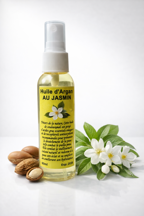 Huile d’argan au jasmin du Maroc – Soin naturel visage, corps & cheveux (60 ml – flacon spray)