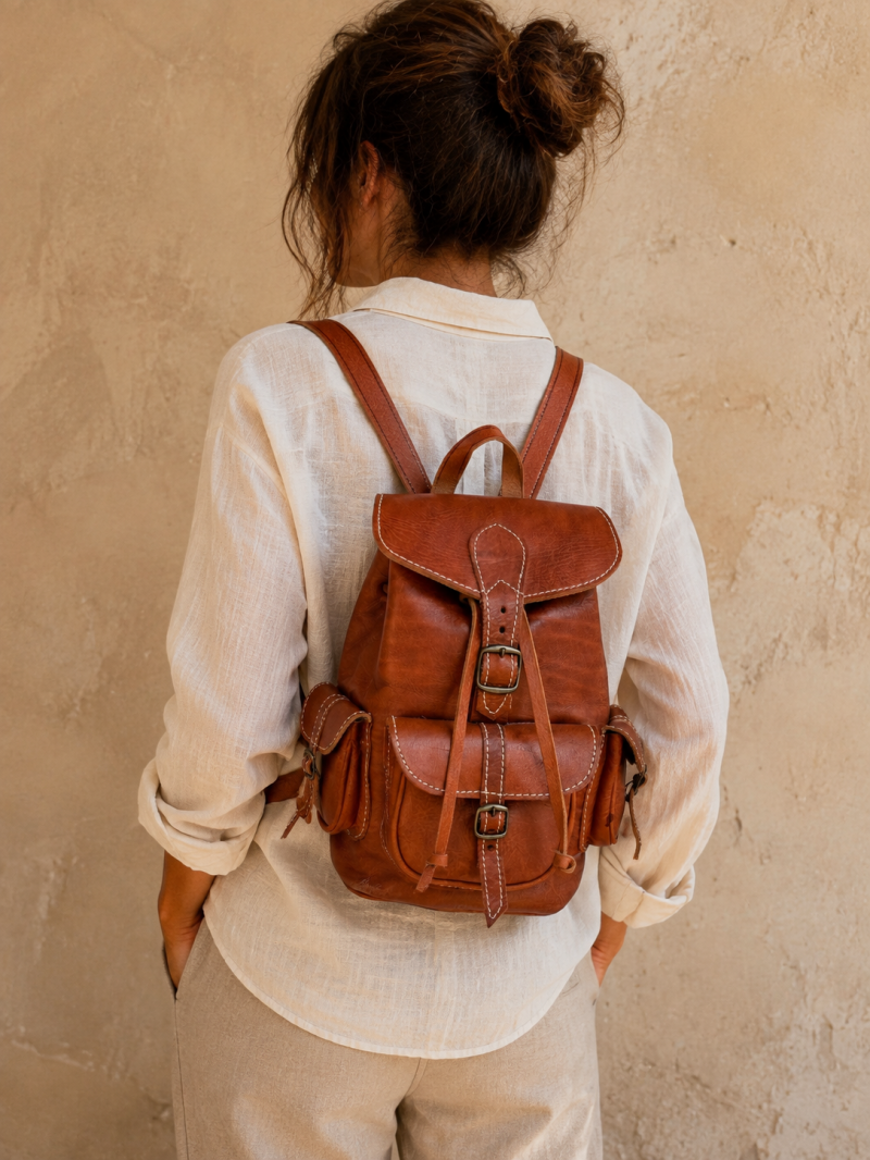 Sac à dos artisanal de Fès en cuir véritable avec trois poches