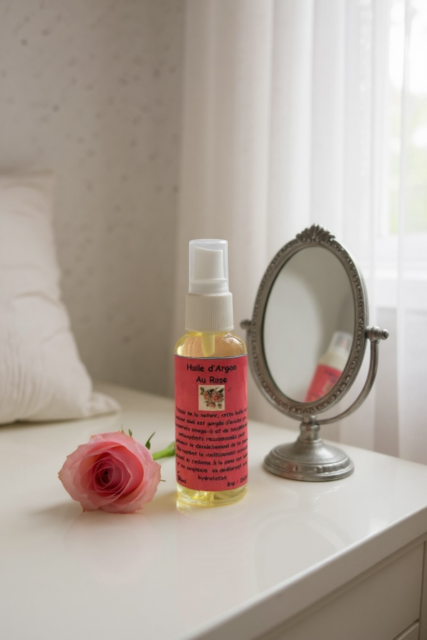Huile d’Argan Cosmétique à la Rose – Soin Naturel du Maroc