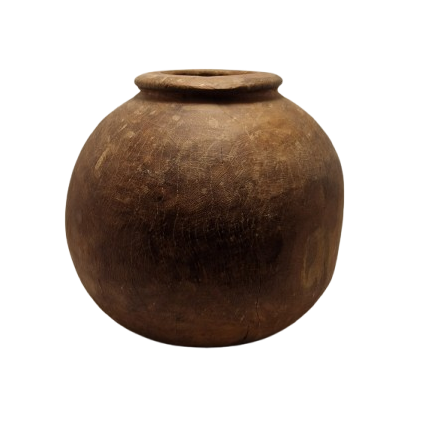Unik rund trækrukke / vase med patina