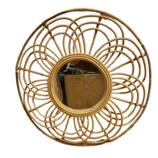 Spejl i Rattan - rund blomst