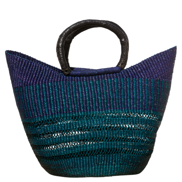 U-shape indkøbsnet håndflettet fra Ghana - Blå med hulmønster