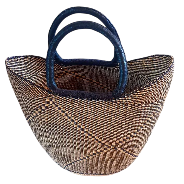 U-shape indkøbsnet håndflettet fra Ghana -Trad. mønster  Sort/natur