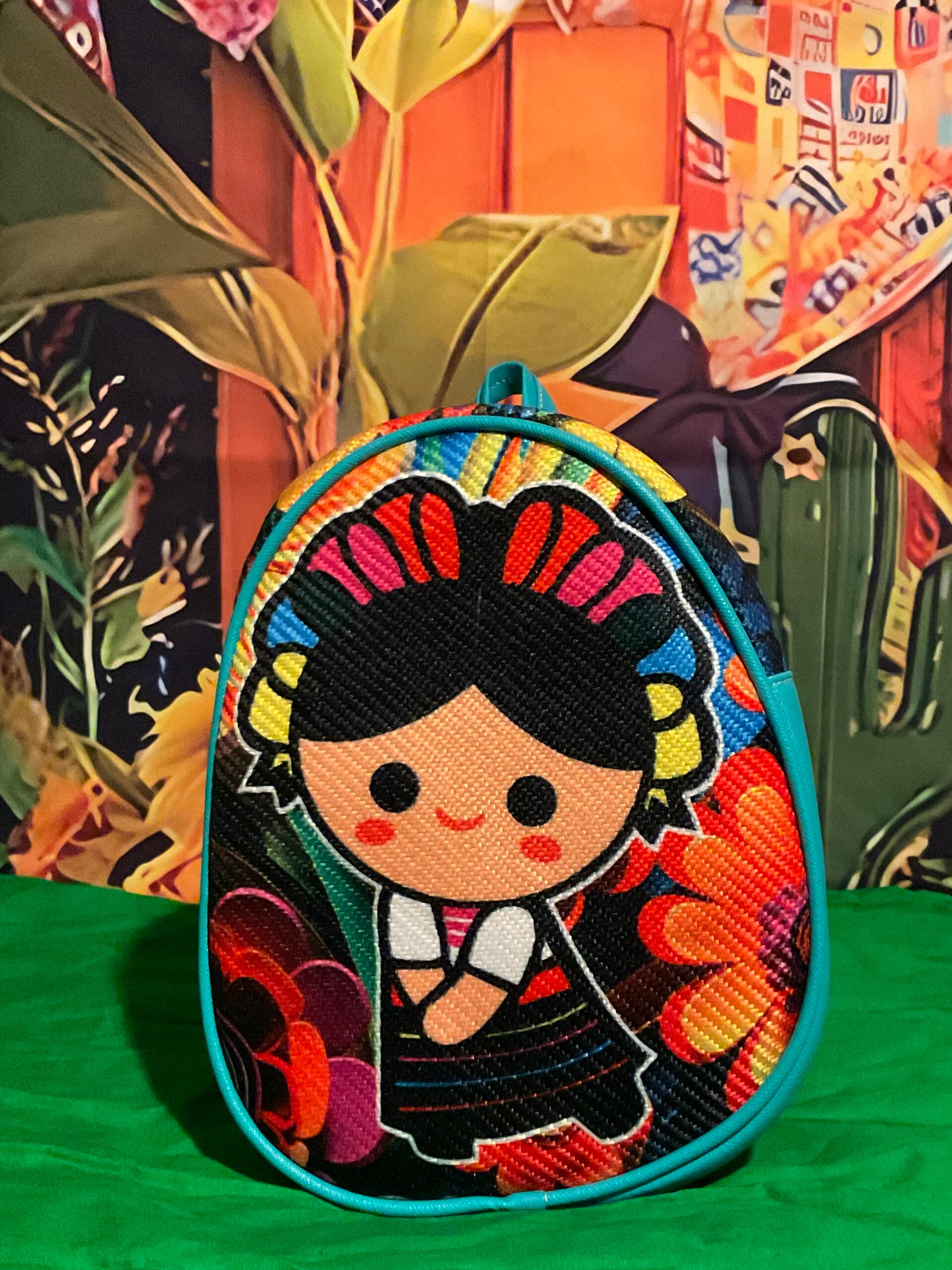 Small “Lele” Backpack - Yute/Aqua Color/Flowers