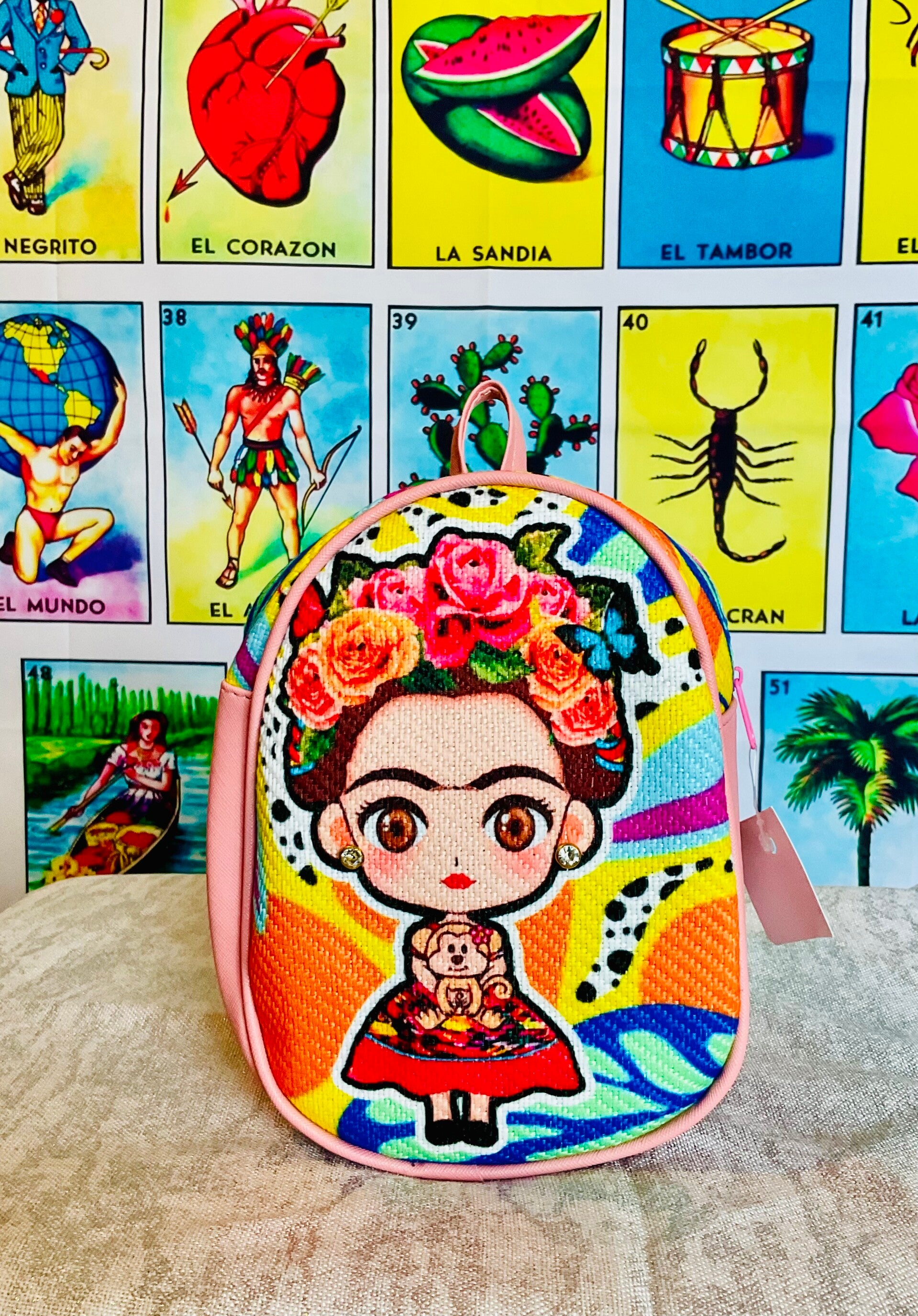 Small Frida Backpack - Yute/Red dress/ Flowers