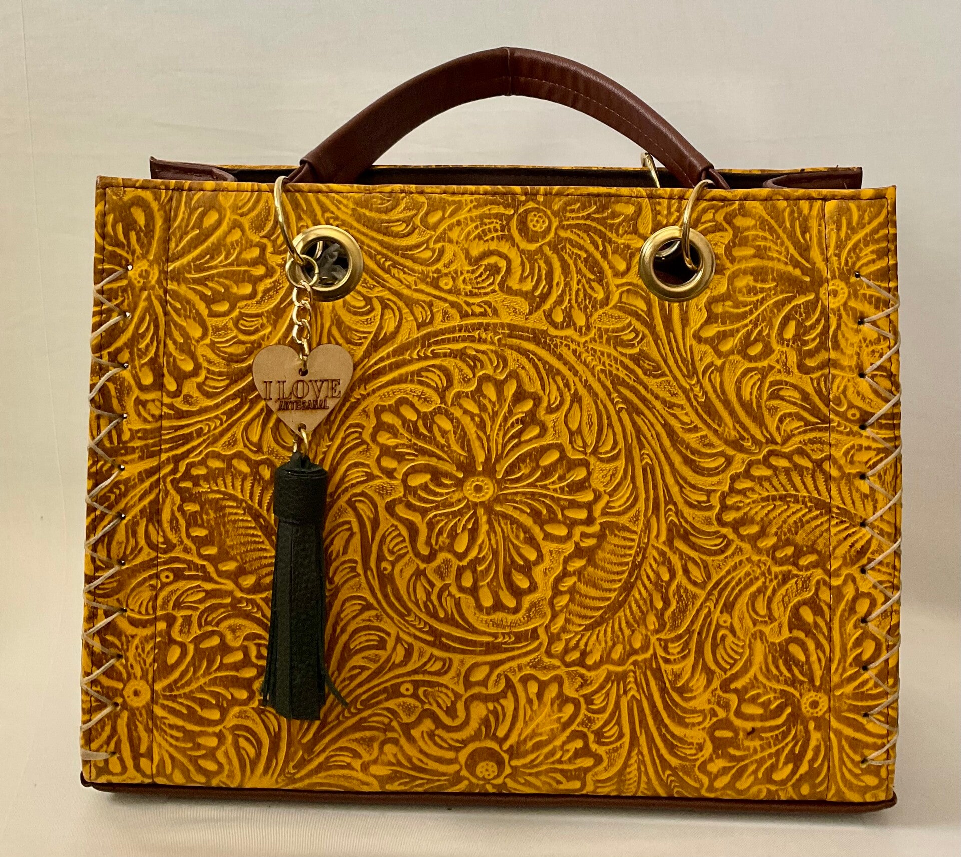 Leather Handbag - Pattern/Mustard color