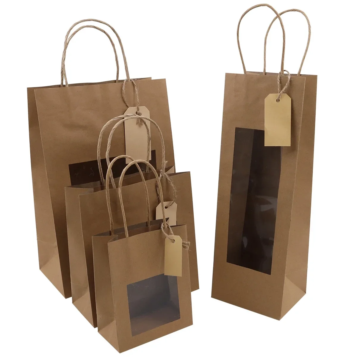 DPT099 Tas papier met venster bruin 22 + 12 x 32cm gedraaid handvat - per doos (100 x € 0,74)