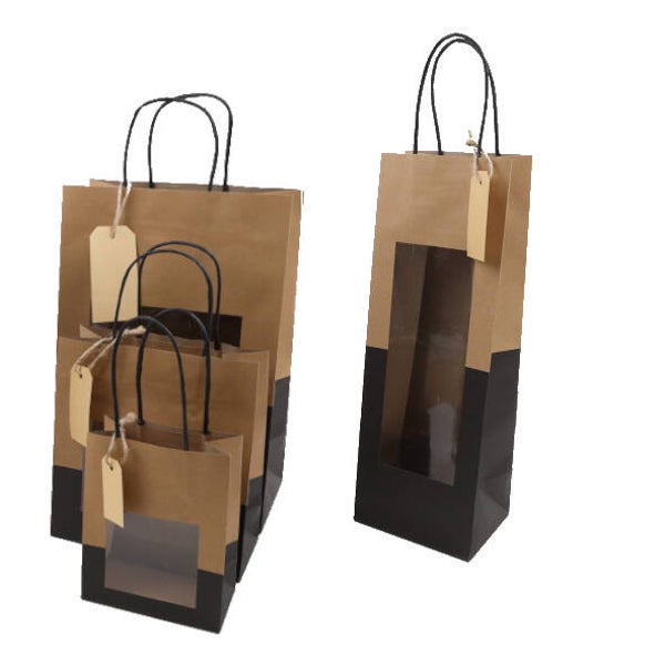 DPT123 Tas papier met venster bruin/zwart 12 + 10 x 35cm gedraaid handvat - per doos (100 x € 0,65)