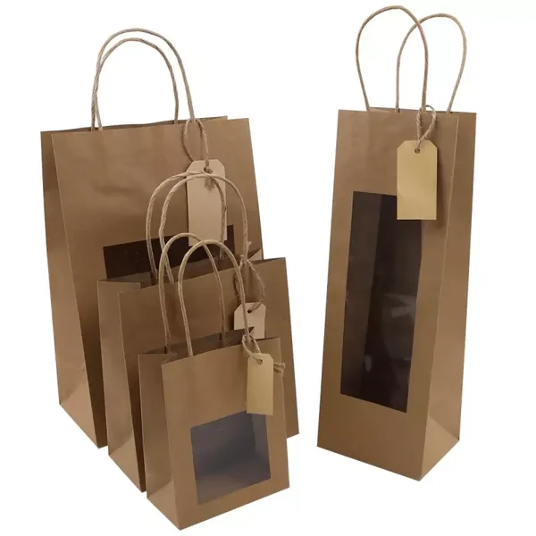 DPT121 Tas papier met venster bruin 12 + 10 x 35cm gedraaid handvat - per doos (100 x € 0,65)