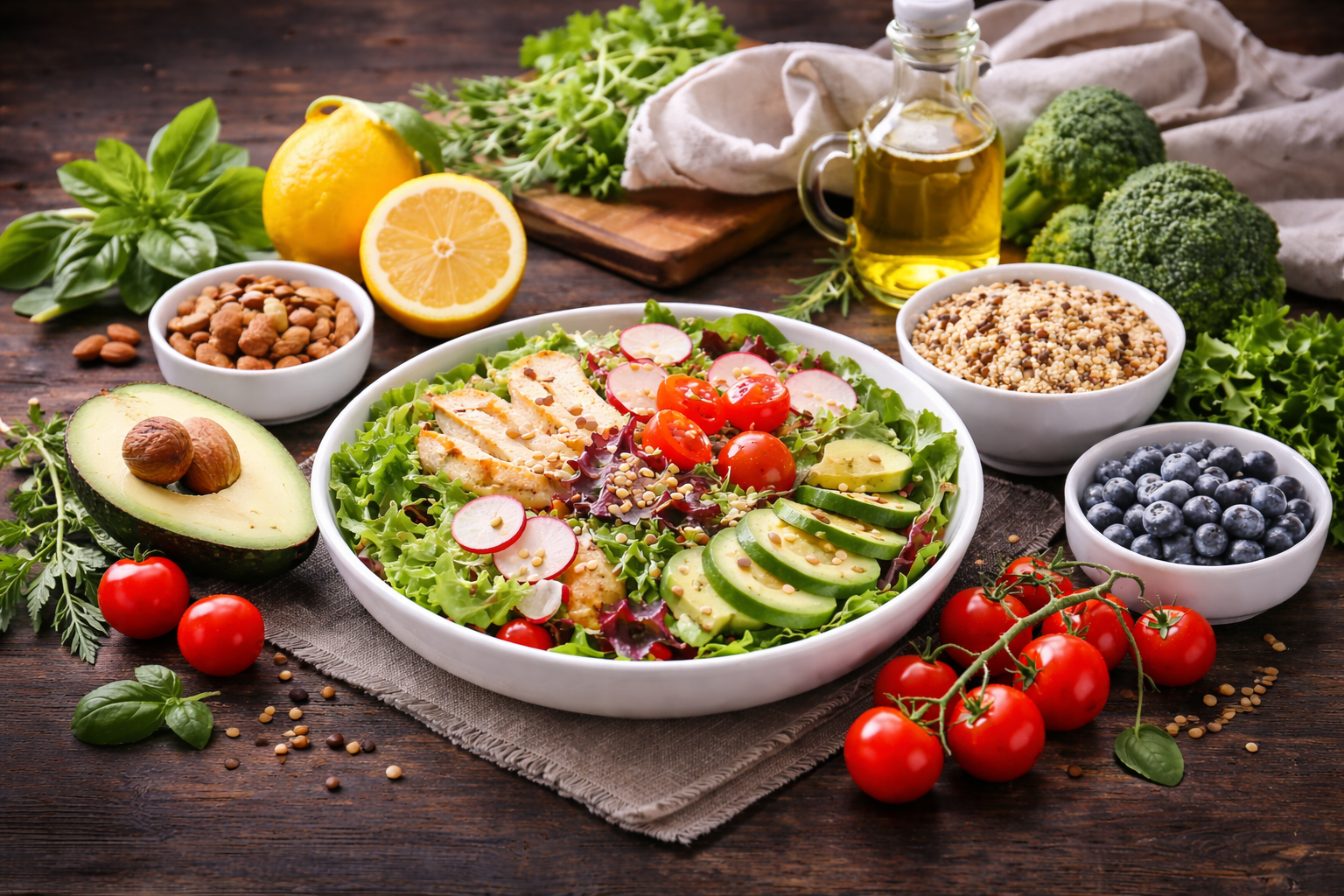 Großer bunter Salat mit Avocado, Tomaten, Gurke und Hähnchen umgeben von frischen Zutaten wie Nüssen, Quinoa und Olivenöl