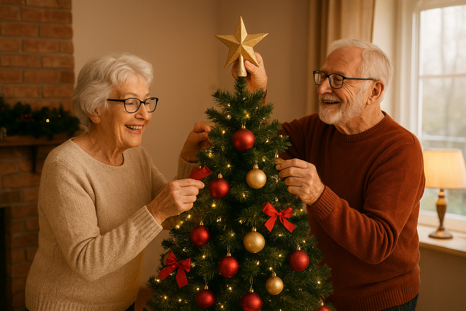 Elderly couple decorating a Christmas tree with red and gold ornaments.