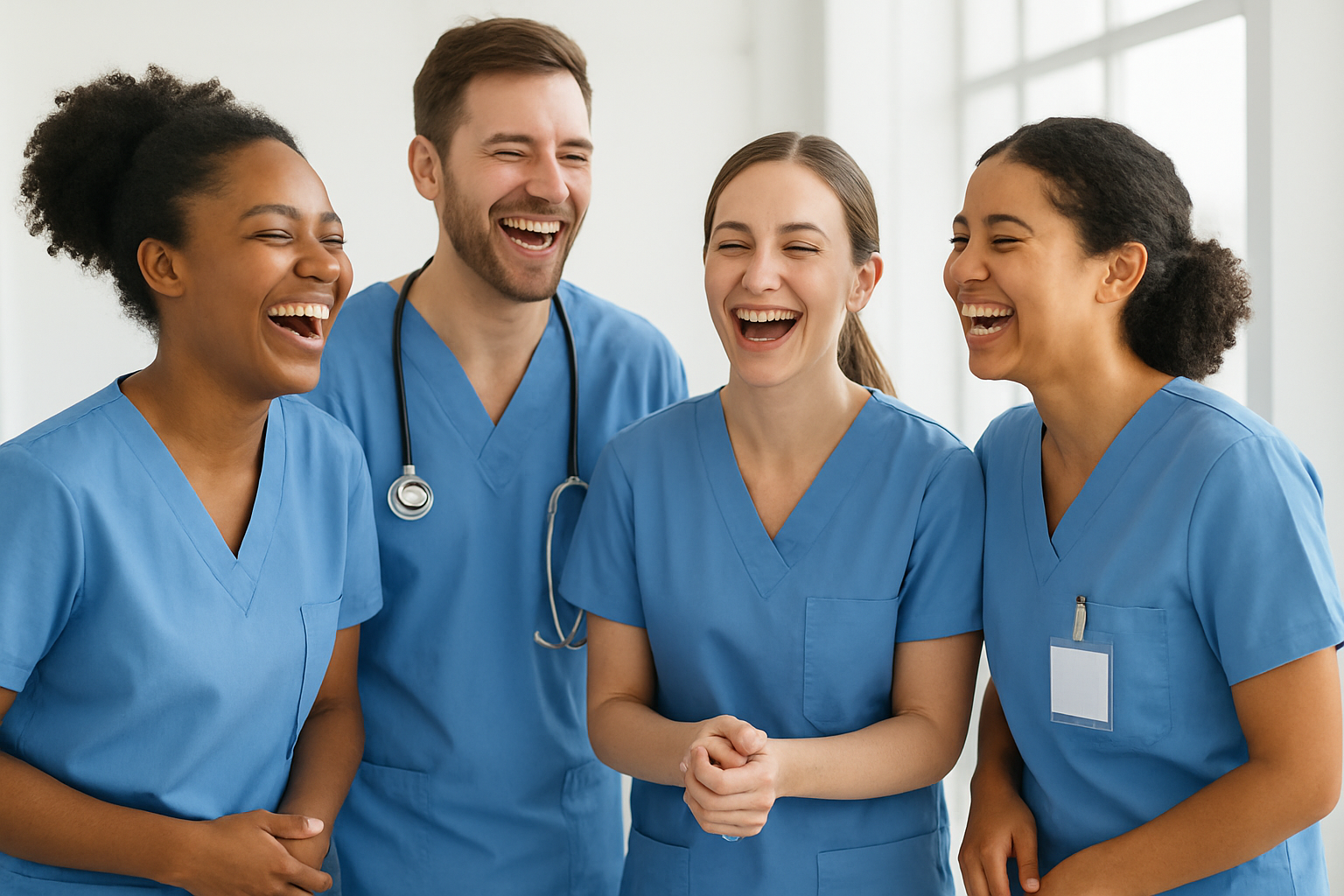 Three Female and One Male Nurses Laughing Together