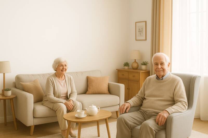 Elderly couple enjoying tea time in a cozy living room setting.