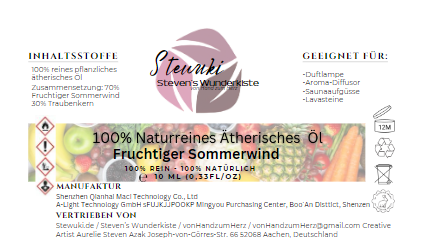 Stewuki.de (Eigene Kreation) Naturreines Ätherisches Fruchtiger Sommerwind (10 ml) - 70% Fruchtiger Sommerwind und 30% Traubenkernöl - (Grundpreis) 1095€/Liter
