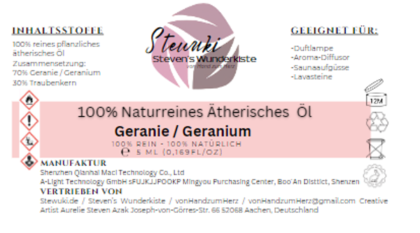 Stewuki.de Naturreines Ätherisches Geranien-Öl (10 ml) – Mischung aus 70% Geranien und 30% Traubenkernöl – Grundpreis: 1399€/Liter