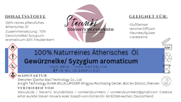 Stewuki.de Naturreines Ätherisches Gewürznelke Öl (10 ml)  – Mischung aus 70% Gewürznelke und 30% Traubenkernöl – Grundpreis 1250€/Liter