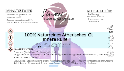 Stewuki.de (Eigene Kreation) Naturreines Ätherisches innere Ruhe Öl (10 ml) und Pfingstrose Pfefferminze 30 % Traubenkernöl Grundpreis 13,99€/Liter