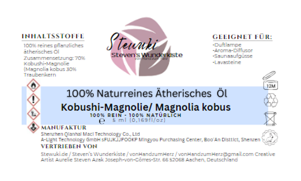 Stewuki.de Naturreines Ätherisches Kobushi-Magnolie Öl (10 ml) – Mischung aus 70% Kobushi-Magnolie  und 30% Traubenkernöl – Grundpreis 1495€/Liter