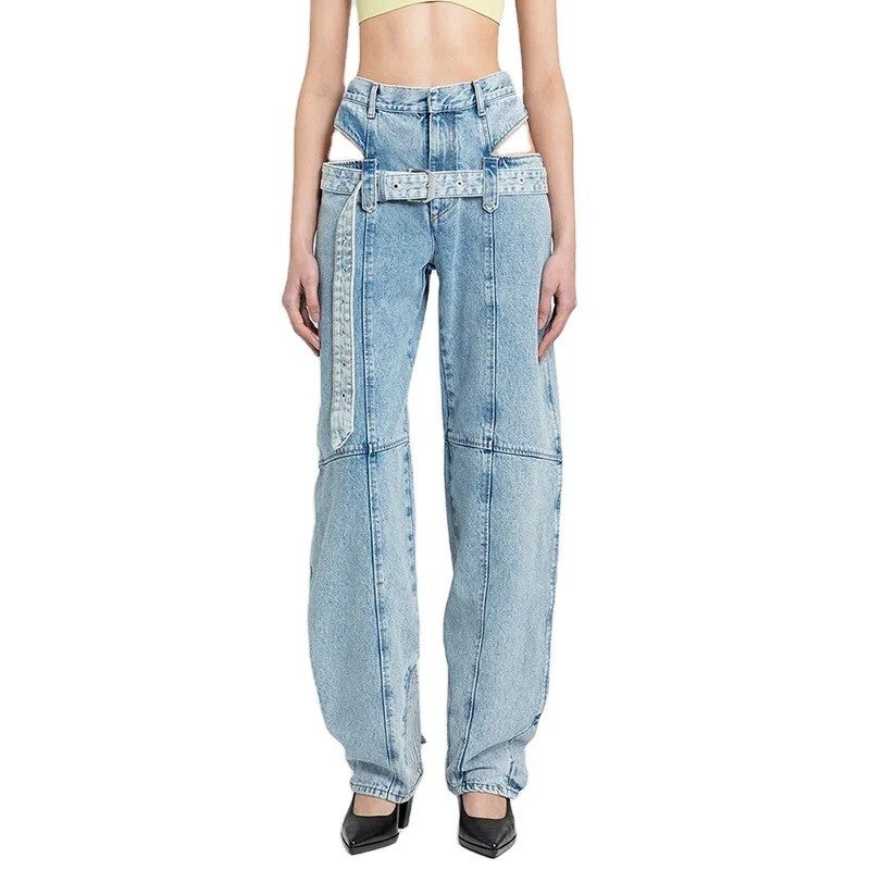 Jean taille haute élégant avec ceinture, pantalon en Denim