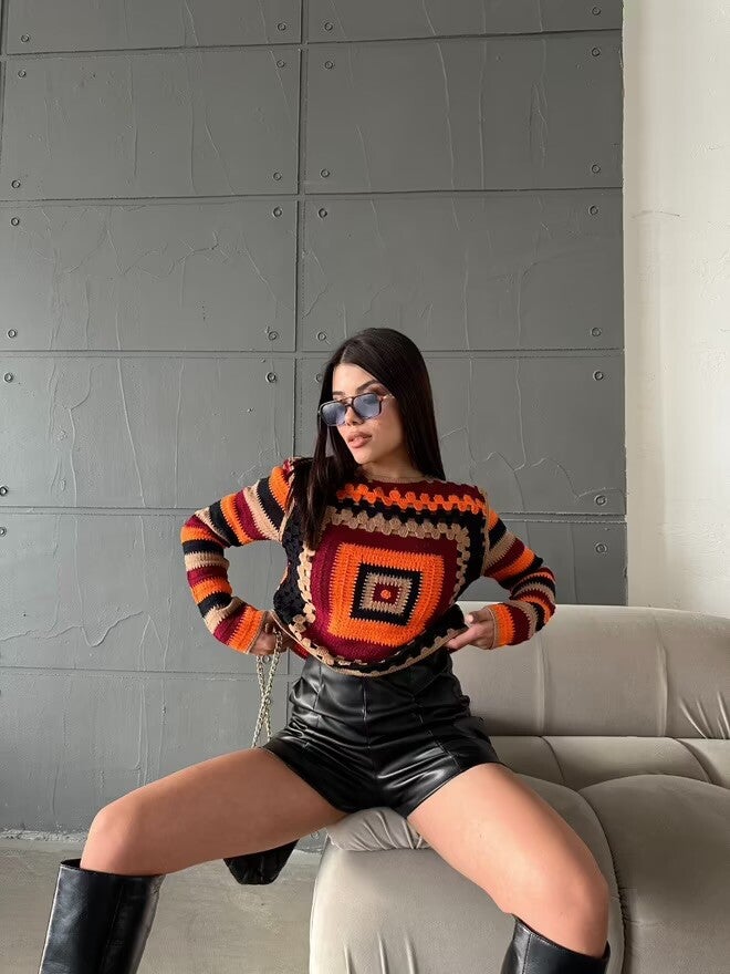 Pull crochet à motifs géométriques - Style rétro