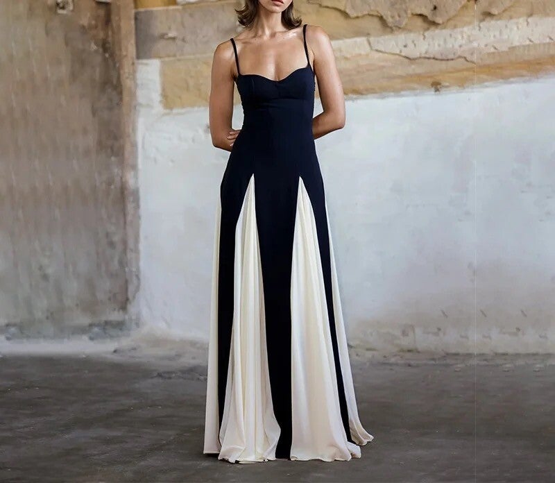 Robe longue blanc noir couleur bloc v-cou plissé