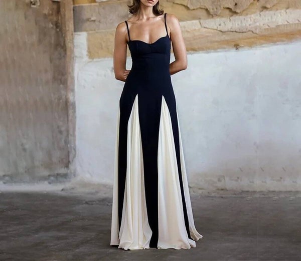 Robe longue blanc noir couleur bloc v-cou plissé