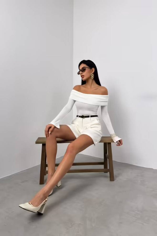 Blouse drapée à col bateau blanc