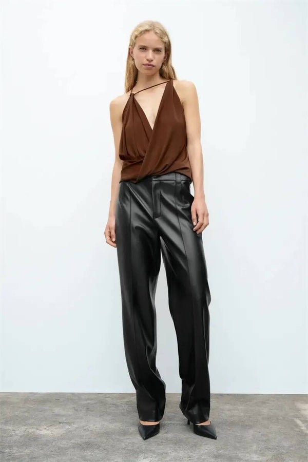 Pantalon ample en simili cuir noir