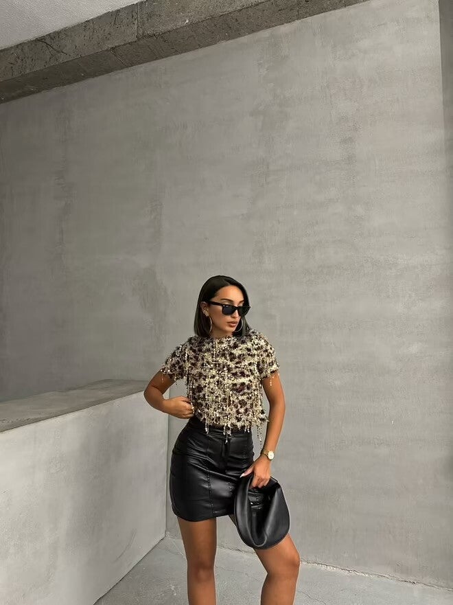 Top texturé Léopard avec des détails à sequins
