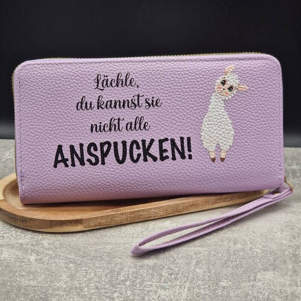 Damen Geldbeutel mit Lama-Motiv & Spruch – „Lächle, du kannst sie nicht alle anspucken!“ – Witziges Geschenk