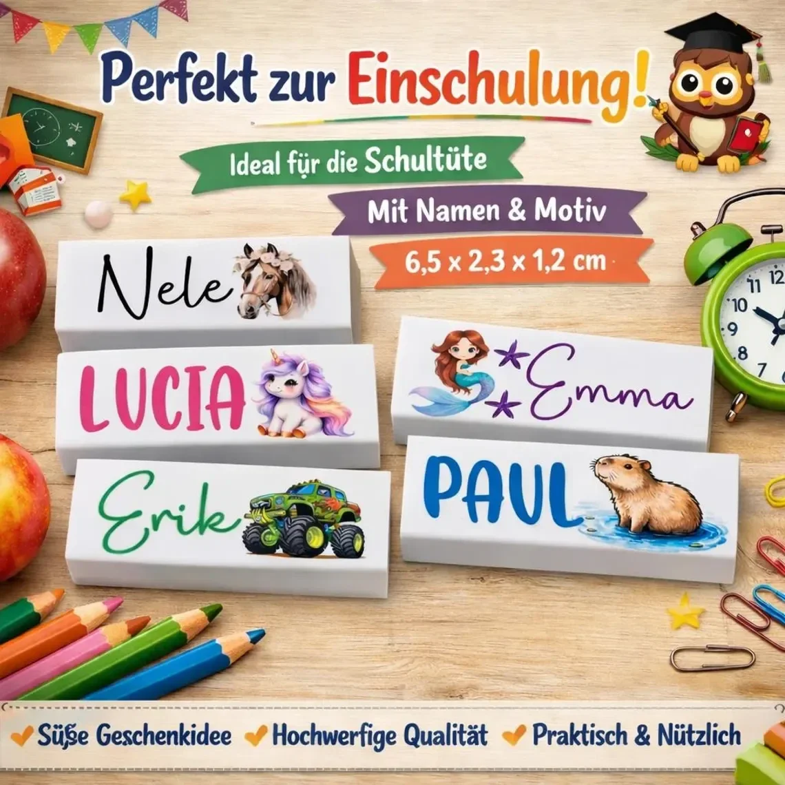 Radiergummi Personalisiert mit Namen/ Junge Mädchen/ Einschulung Geschenk/ Schulkind 2026/ Schultüte Kleinigkeit/ Bedruckt/ Kinder