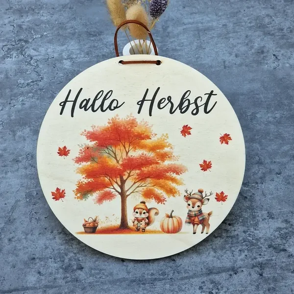 Hallo Herbst Türschild aus Holz – 20 cm Türschild mit Laubbaum, Kürbis, Reh, Eichhörnchen & Blätter