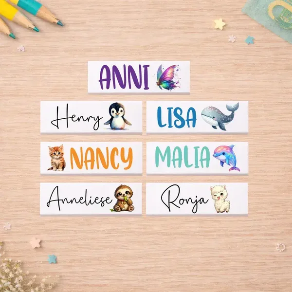 Personalisierter Radiergummi Mädchen mit Name – Tiermotive Pinguin Delfin Eule Katze – Geschenk Einschulung Schulkind