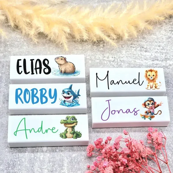 Personalisierter Radiergummi Junge mit Name – Löwe Affe Krokodil Hai – Einschulung Geschenk Schulkind