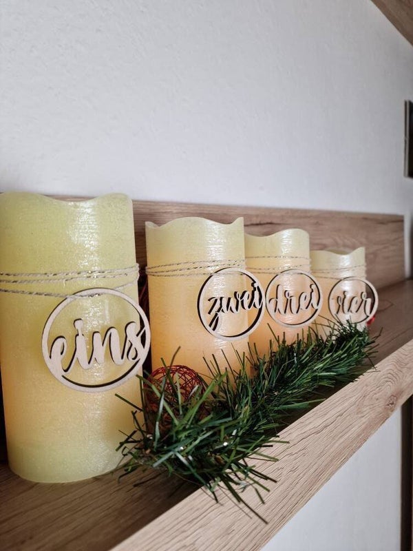 Adventszahlen 1 - 4 l Adventszahlen aus Holz l DIY Set / Anhänger für Adventskranz Kerzenanhänger Zahlen Eins bis Vier Zubehör Adventskranz