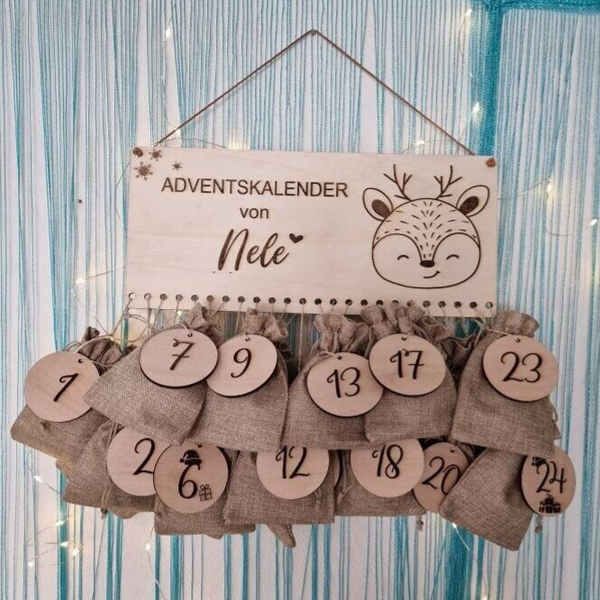 Personalisierter Adventskalender mit Name, Weihnachten, Adventskalender aus Holz, Advent, Jutesäckchen, Adventskalender zum befüllen, Kinder