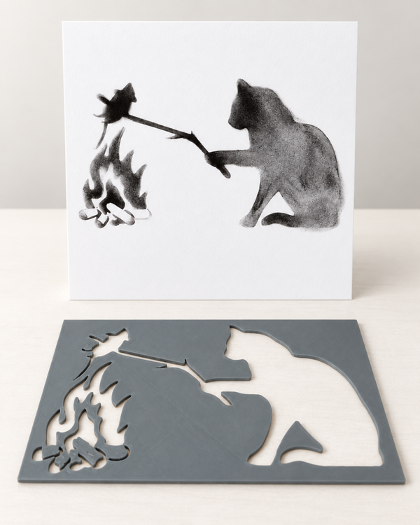 Katzen Schablone mit Lagerfeuer – DIY Stencil für Scrapbooking, Karten & Junk Journal