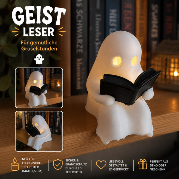 Lesegeist mit LED-Teelicht – Halloween Deko | Süßer Geist mit Buch