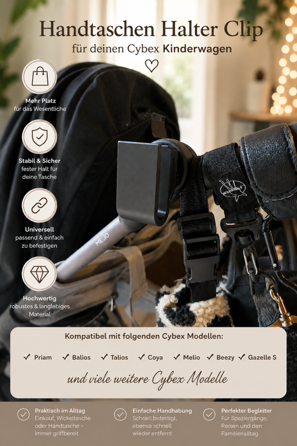Handtaschen Halter Clip für Cybex Kinderwagen – Praktischer Taschenhaken | Passend für Priam, Balios, Talios, Coya, Melio, Beezy & Gazelle S
