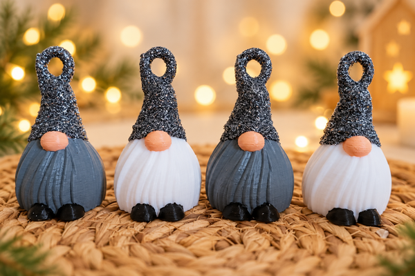 Gnom Weihnachtsbaum Anhänger 4er Set – 3D Christbaumschmuck mit Glitzermütze